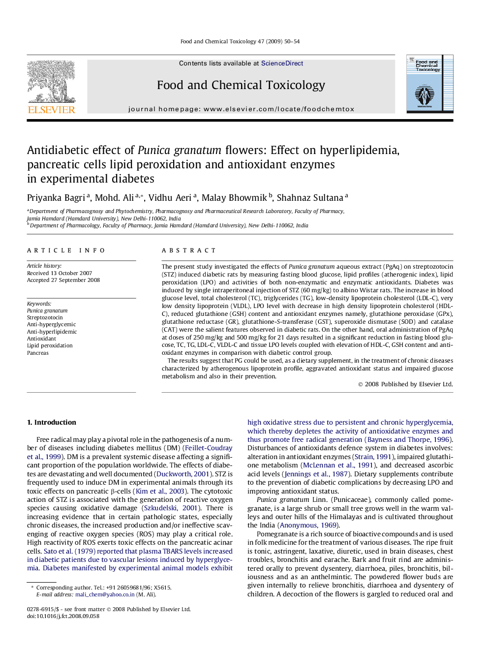 Antidiabetic effect of Punica granatum flowers: Effect on hyperlipidemia, pancreatic cells lipid peroxidation and antioxidant enzymes in experimental diabetes