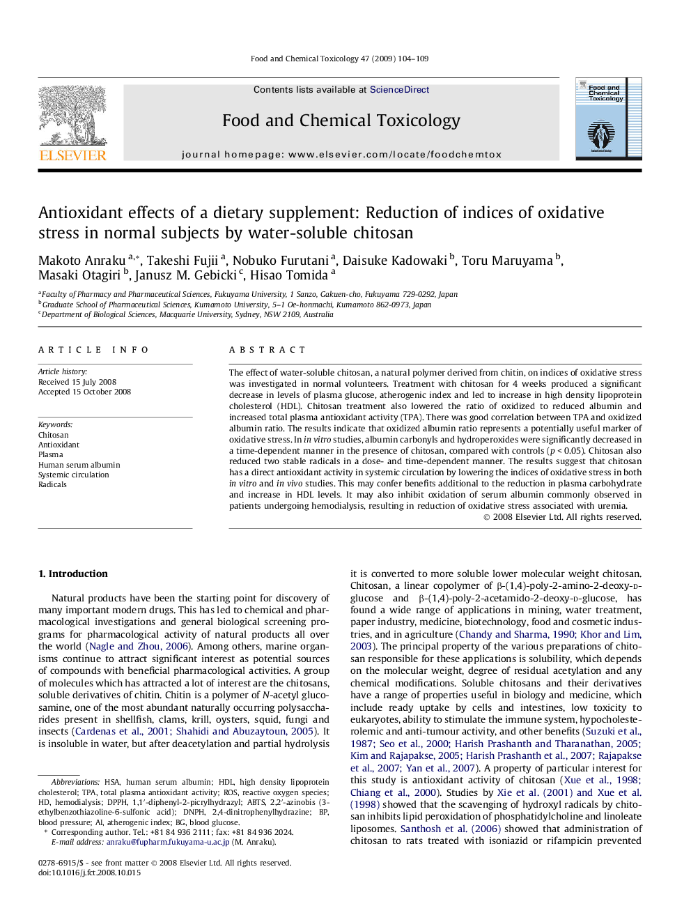 Antioxidant effects of a dietary supplement: Reduction of indices of oxidative stress in normal subjects by water-soluble chitosan