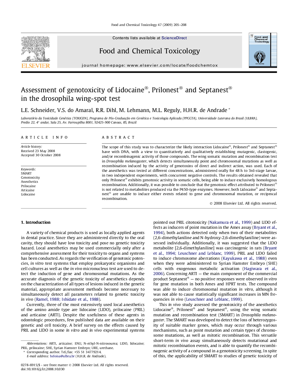 Assessment of genotoxicity of Lidocaine®, Prilonest® and Septanest® in the drosophila wing-spot test