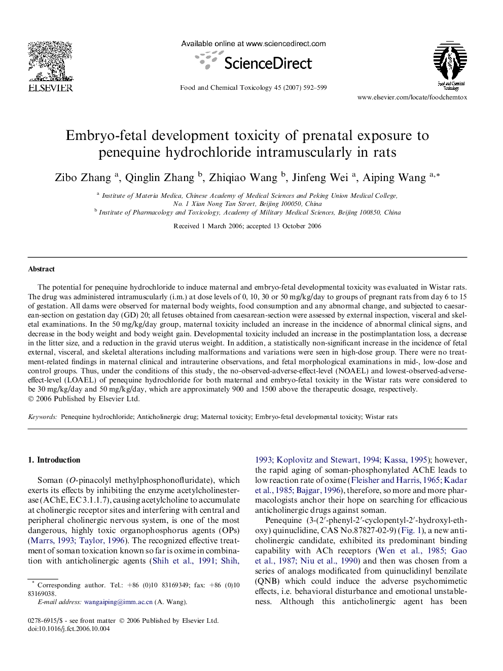 Embryo-fetal development toxicity of prenatal exposure to penequine hydrochloride intramuscularly in rats