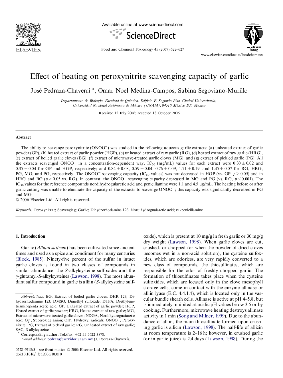 Effect of heating on peroxynitrite scavenging capacity of garlic