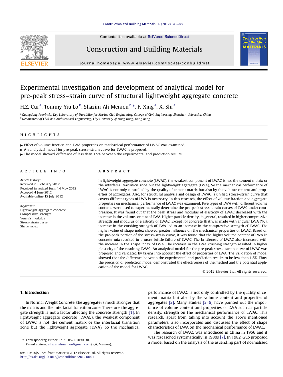 Experimental investigation and development of analytical model for pre-peak stress–strain curve of structural lightweight aggregate concrete