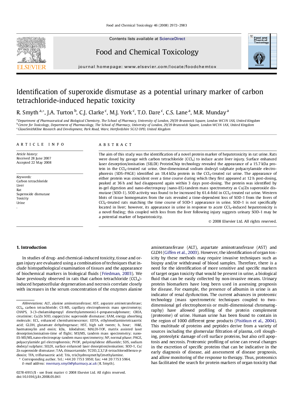 Identification of superoxide dismutase as a potential urinary marker of carbon tetrachloride-induced hepatic toxicity