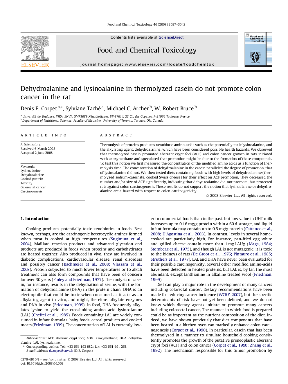 Dehydroalanine and lysinoalanine in thermolyzed casein do not promote colon cancer in the rat