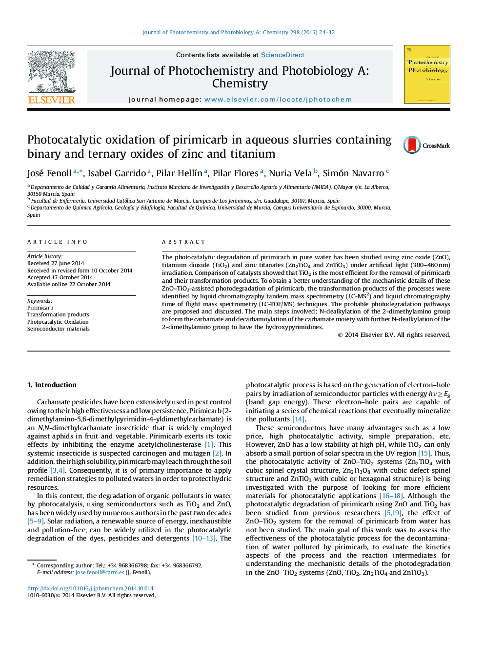 Photocatalytic oxidation of pirimicarb in aqueous slurries containing binary and ternary oxides of zinc and titanium