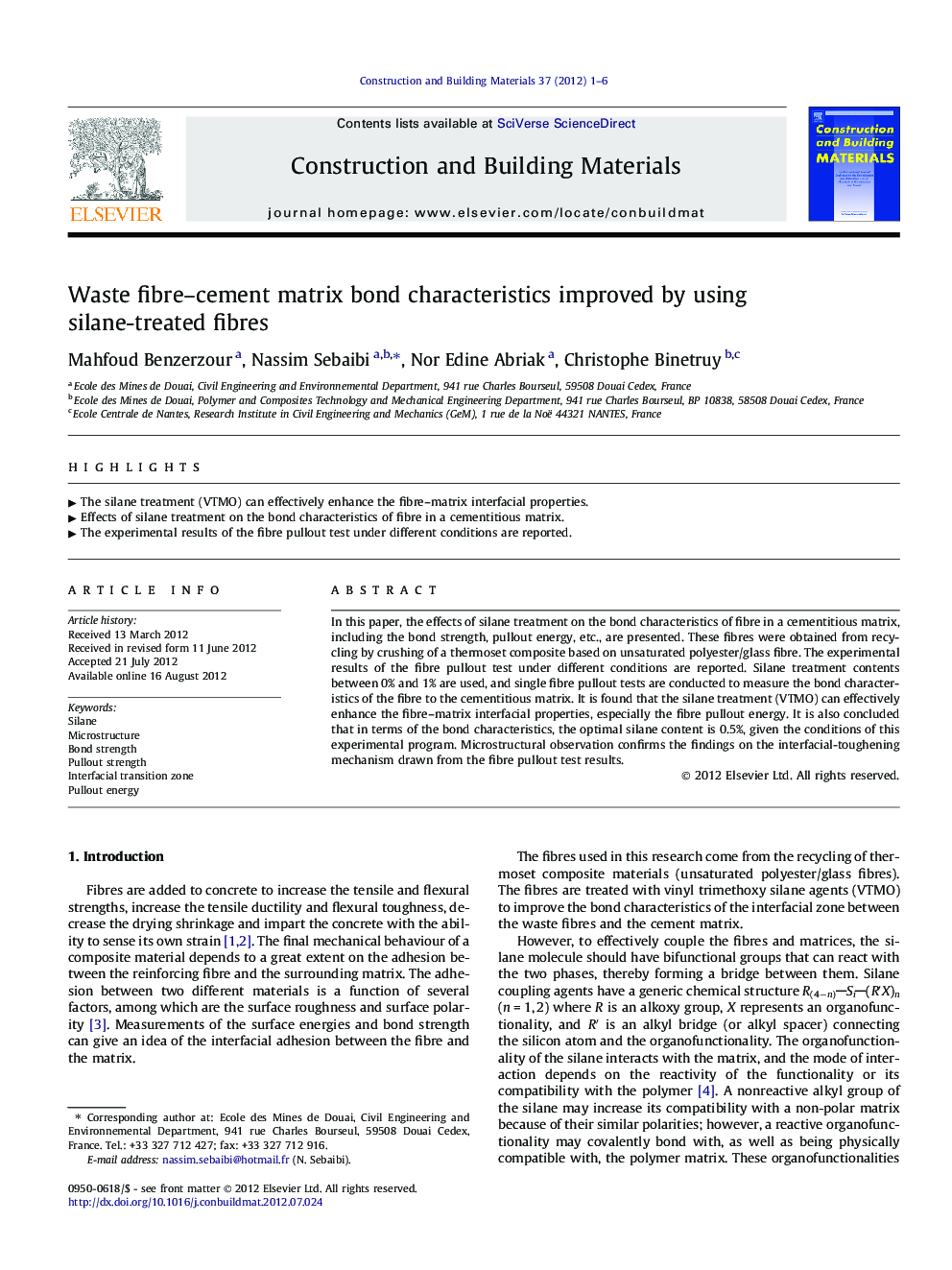 Waste fibre–cement matrix bond characteristics improved by using silane-treated fibres