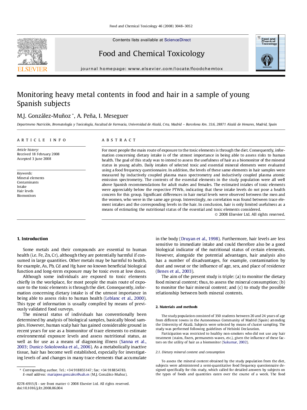 Monitoring heavy metal contents in food and hair in a sample of young Spanish subjects