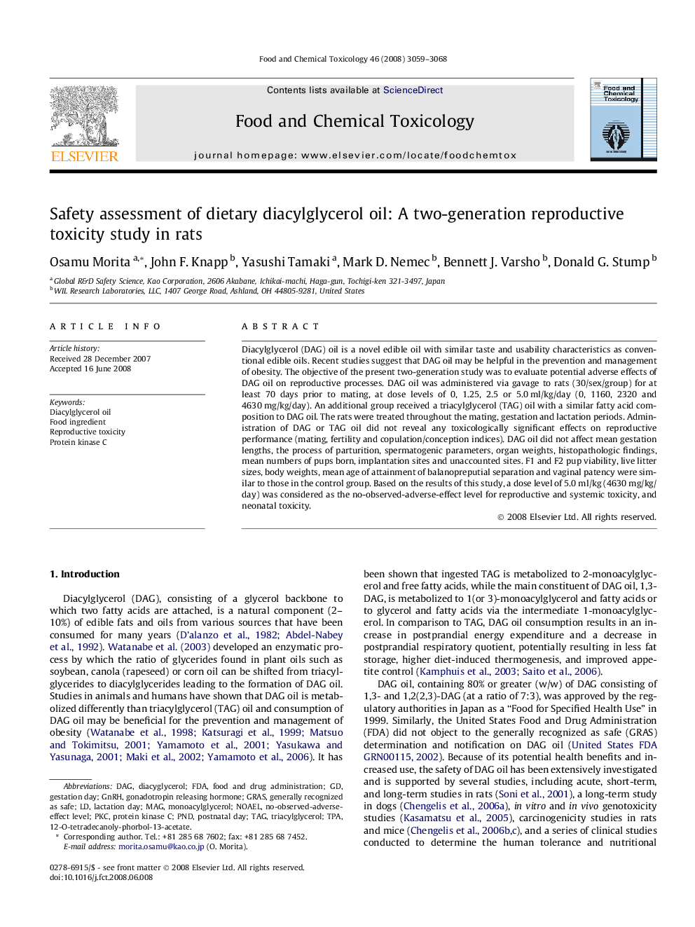 Safety assessment of dietary diacylglycerol oil: A two-generation reproductive toxicity study in rats