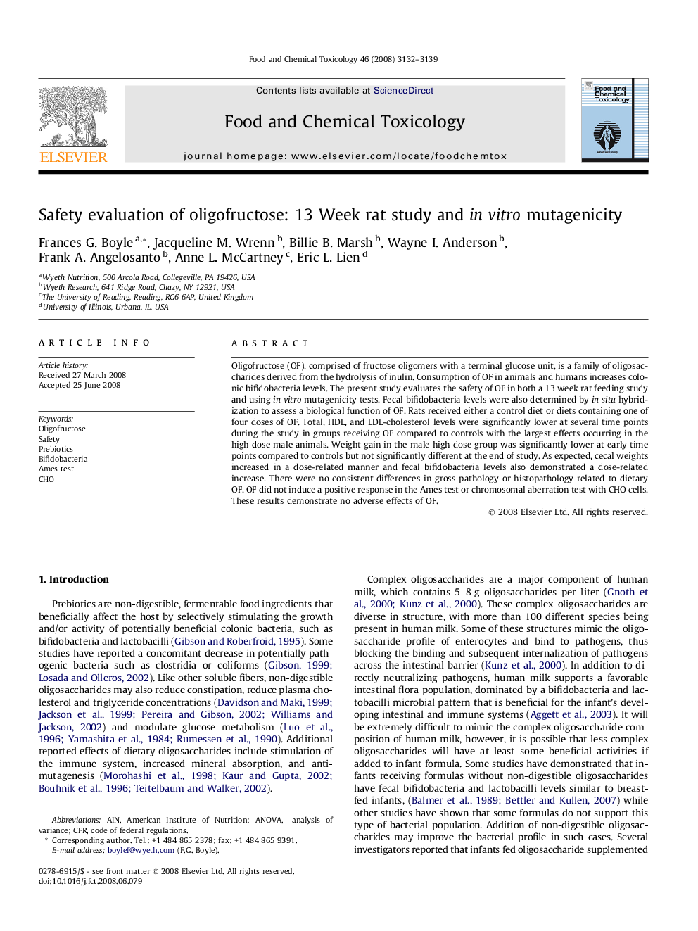 Safety evaluation of oligofructose: 13 Week rat study and in vitro mutagenicity