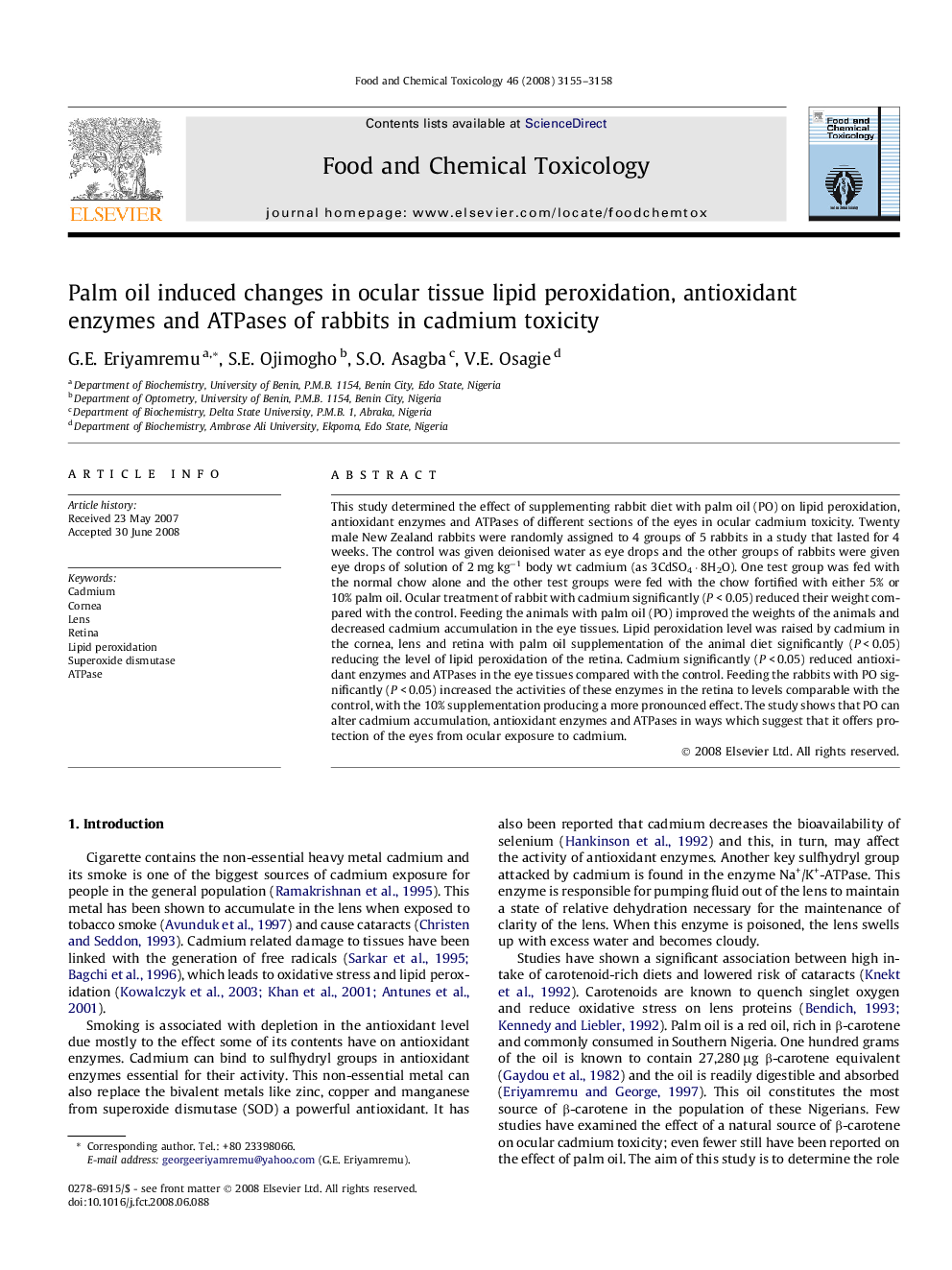 Palm oil induced changes in ocular tissue lipid peroxidation, antioxidant enzymes and ATPases of rabbits in cadmium toxicity