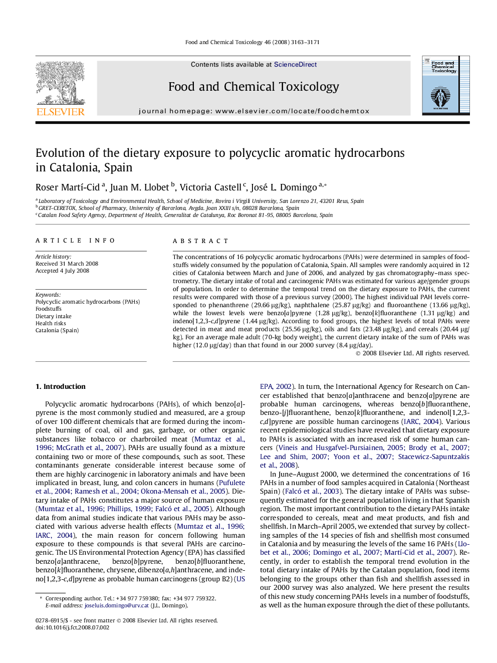 Evolution of the dietary exposure to polycyclic aromatic hydrocarbons in Catalonia, Spain