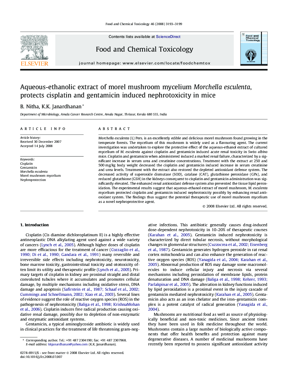 Aqueous-ethanolic extract of morel mushroom mycelium Morchella esculenta, protects cisplatin and gentamicin induced nephrotoxicity in mice