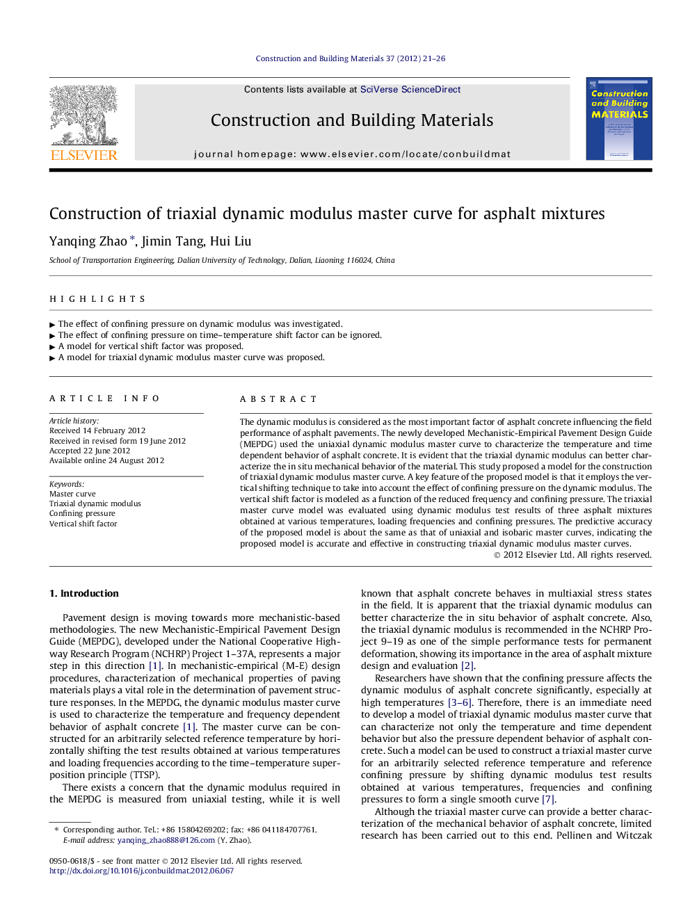 Construction of triaxial dynamic modulus master curve for asphalt mixtures