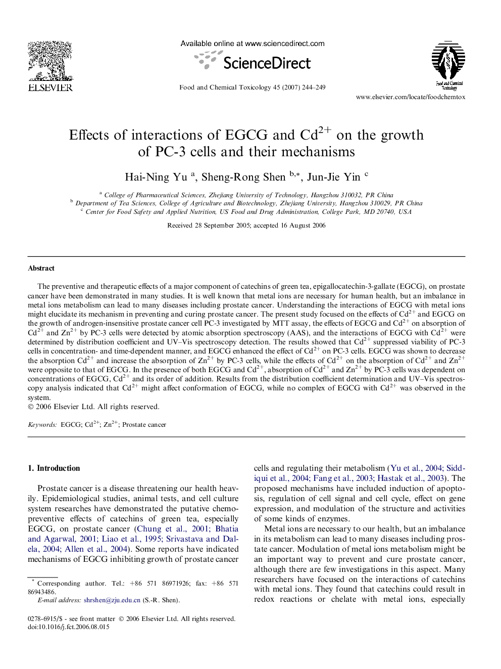 Effects of interactions of EGCG and Cd2+ on the growth of PC-3 cells and their mechanisms