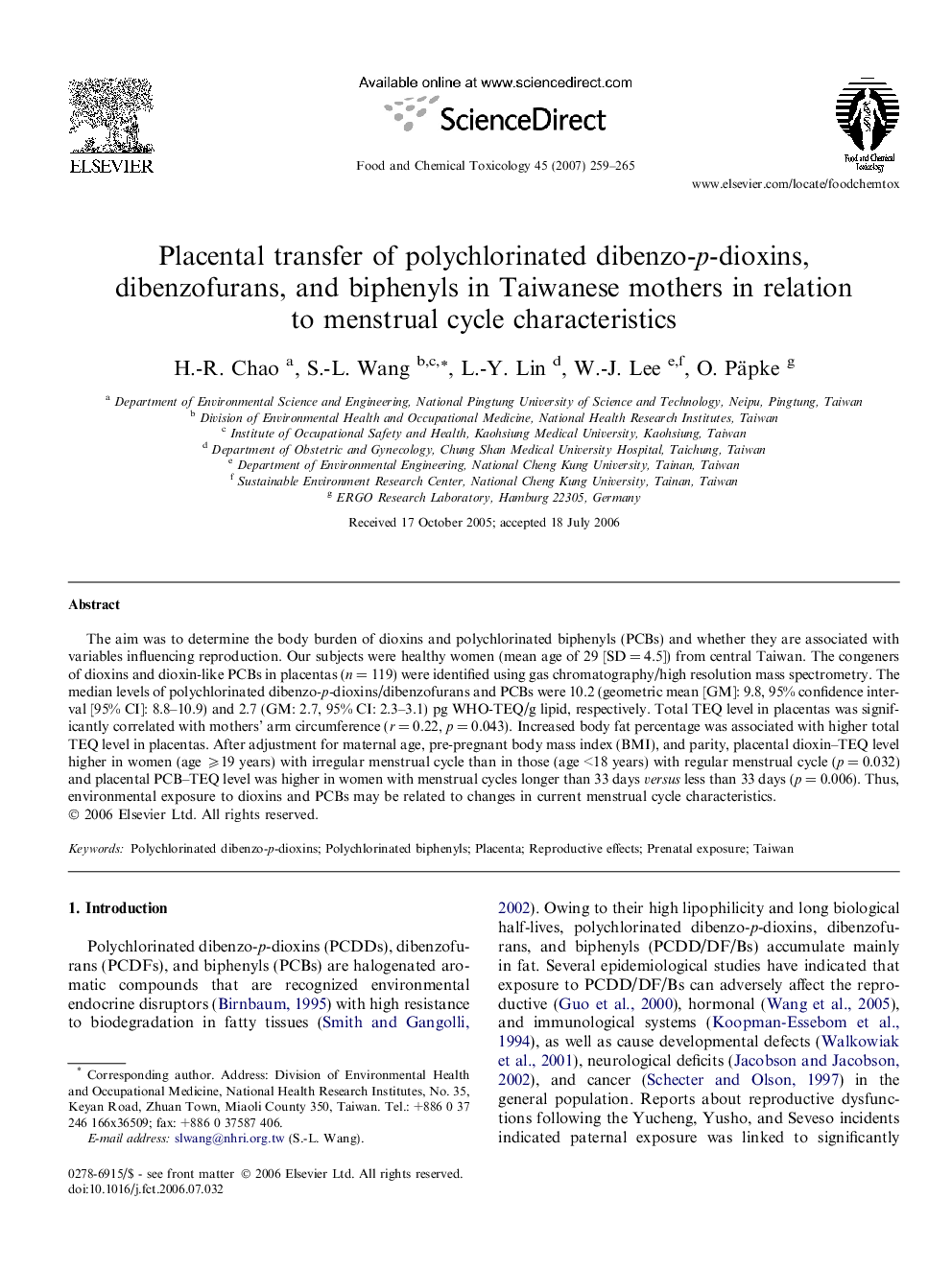 Placental transfer of polychlorinated dibenzo-p-dioxins, dibenzofurans, and biphenyls in Taiwanese mothers in relation to menstrual cycle characteristics