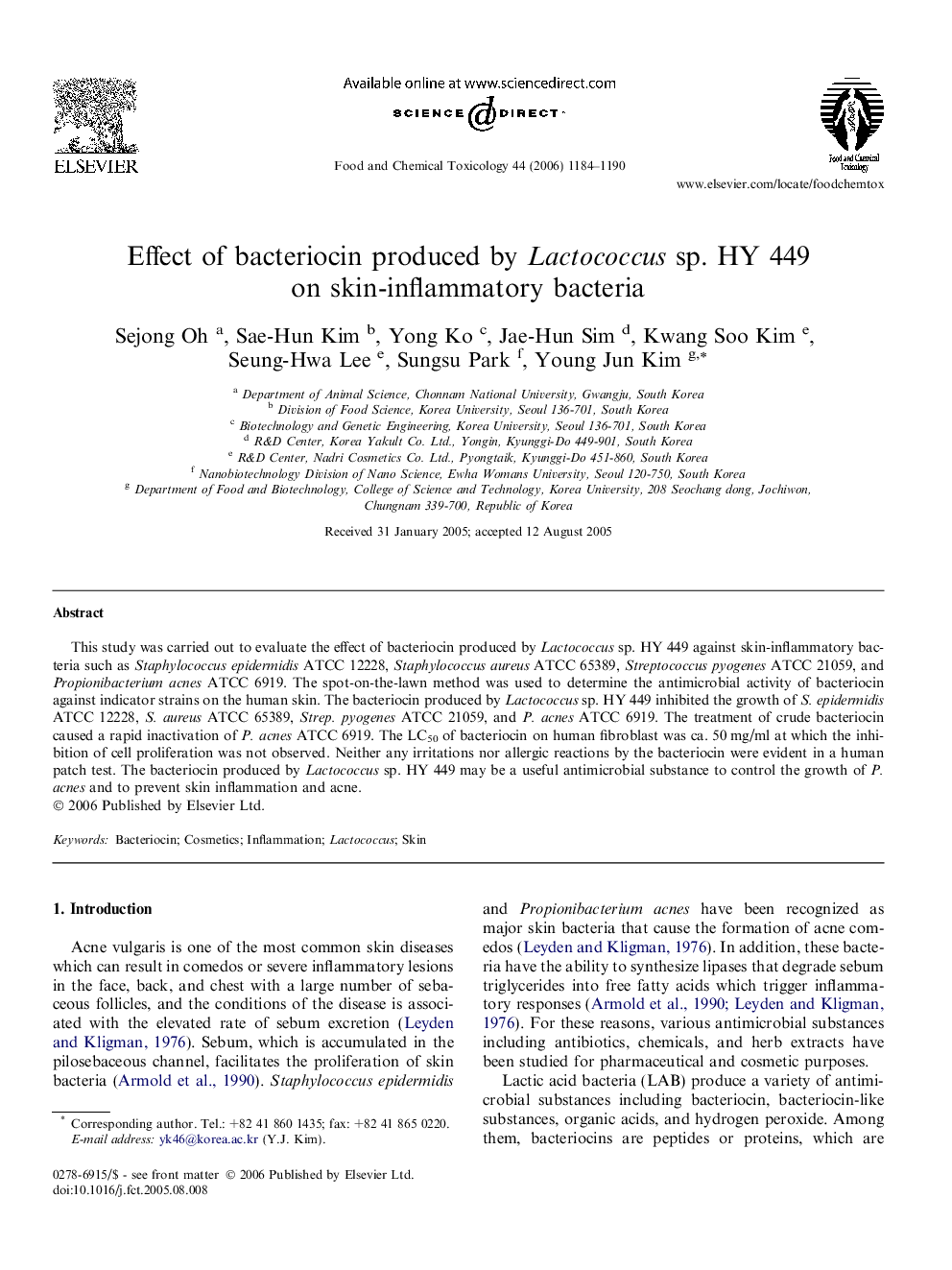 Effect of bacteriocin produced by Lactococcus sp. HY 449 on skin-inflammatory bacteria