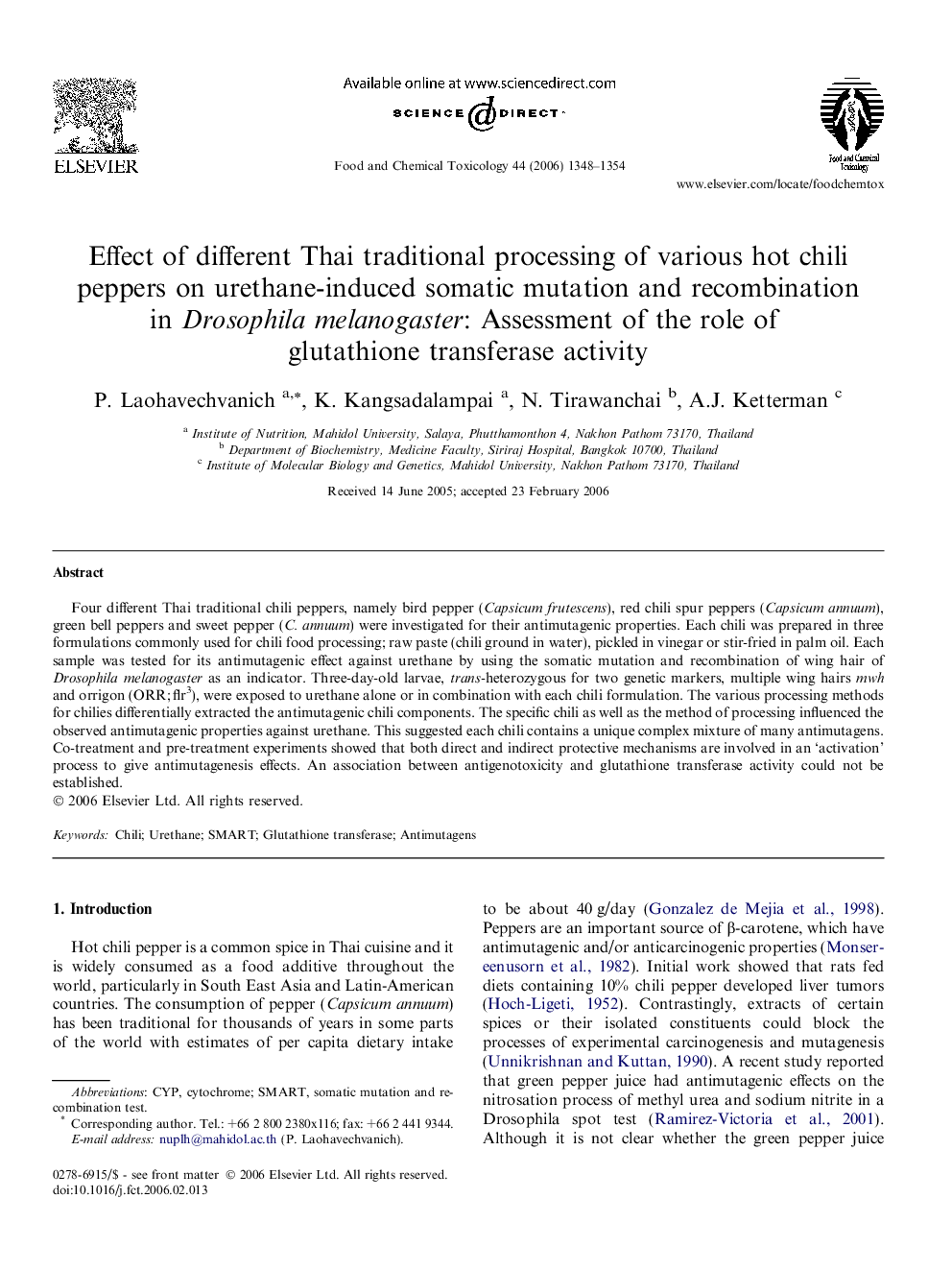 Effect of different Thai traditional processing of various hot chili peppers on urethane-induced somatic mutation and recombination in Drosophila melanogaster: Assessment of the role of glutathione transferase activity