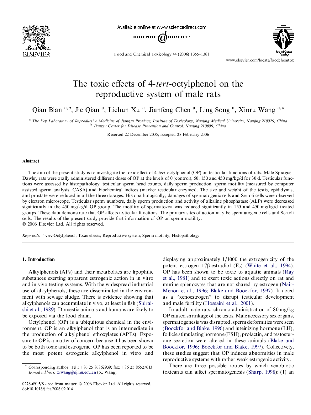 The toxic effects of 4-tert-octylphenol on the reproductive system of male rats