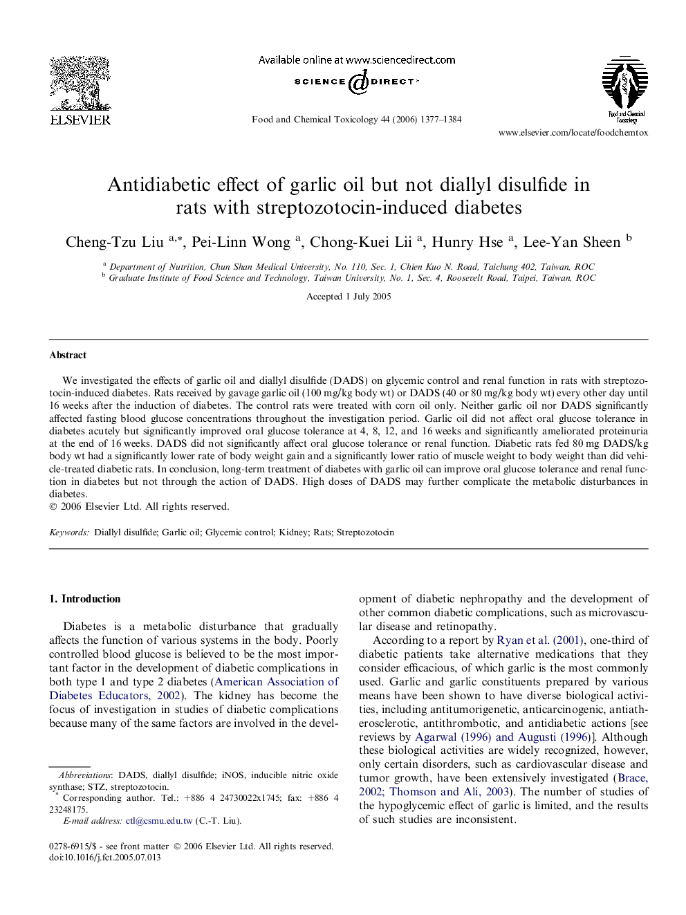 Antidiabetic effect of garlic oil but not diallyl disulfide in rats with streptozotocin-induced diabetes