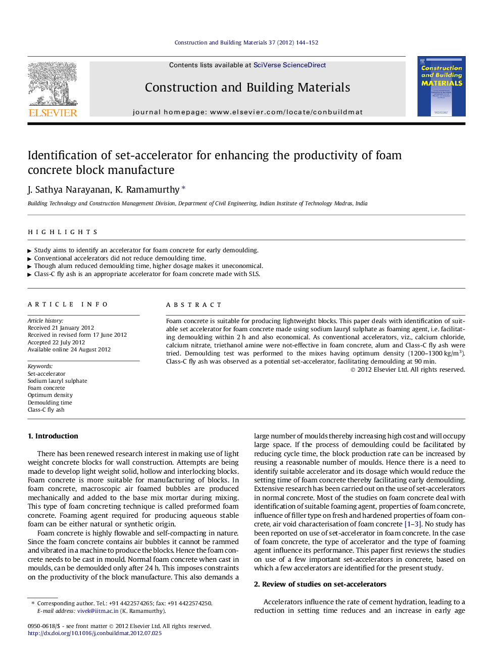 Identification of set-accelerator for enhancing the productivity of foam concrete block manufacture