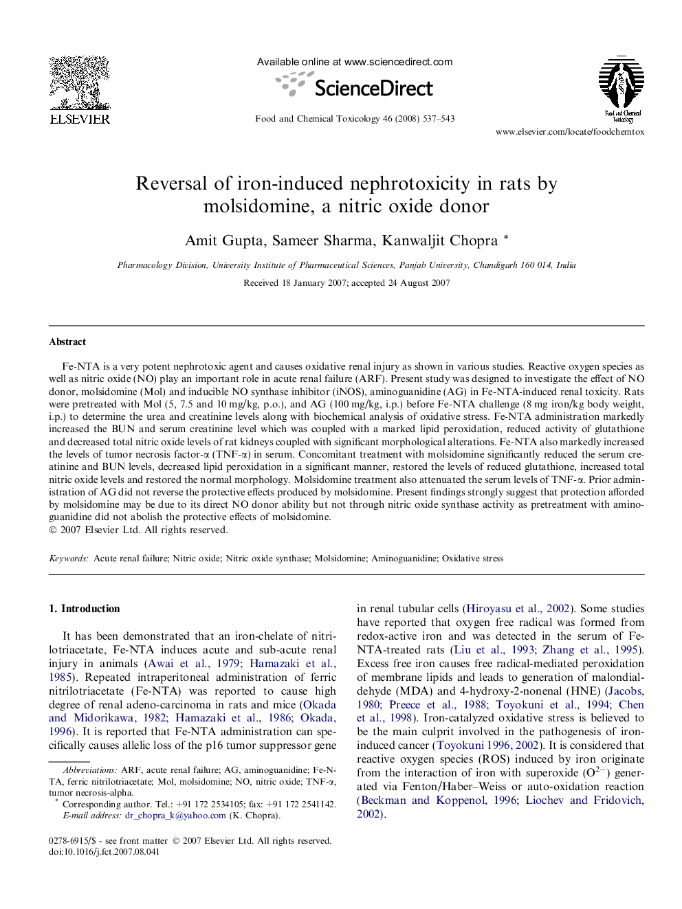 Reversal of iron-induced nephrotoxicity in rats by molsidomine, a nitric oxide donor