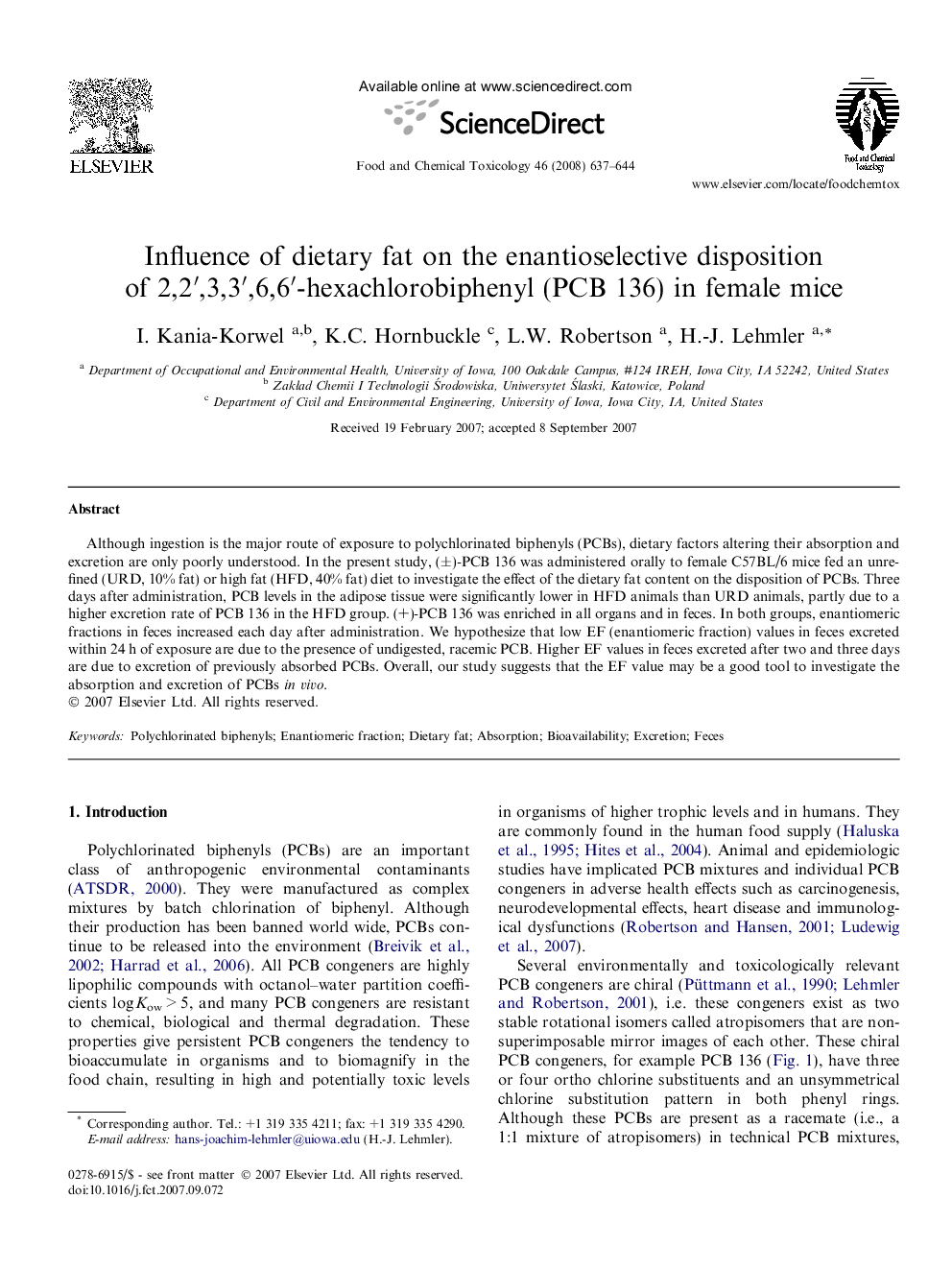 Influence of dietary fat on the enantioselective disposition of 2,2′,3,3′,6,6′-hexachlorobiphenyl (PCB 136) in female mice