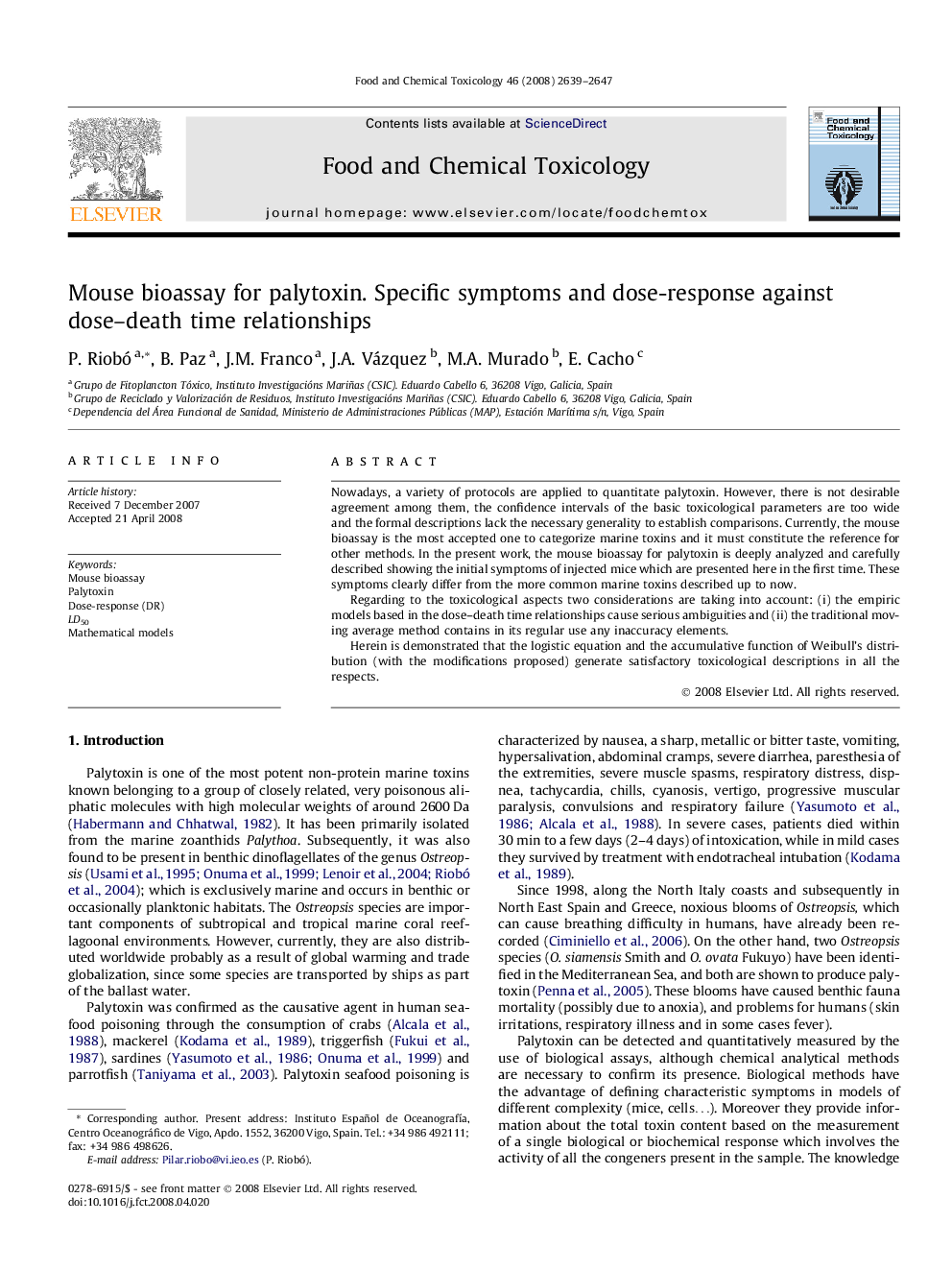 Mouse bioassay for palytoxin. Specific symptoms and dose-response against dose–death time relationships