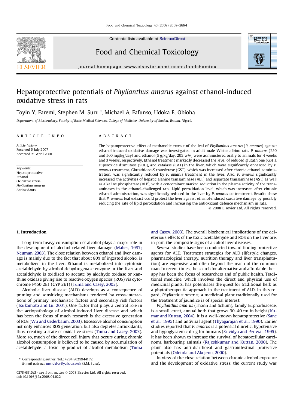 Hepatoprotective potentials of Phyllanthusamarus against ethanol-induced oxidative stress in rats