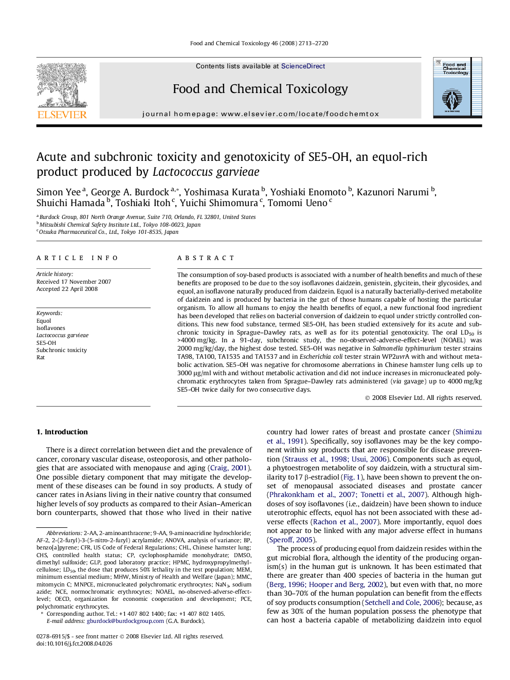 Acute and subchronic toxicity and genotoxicity of SE5-OH, an equol-rich product produced by Lactococcus garvieae