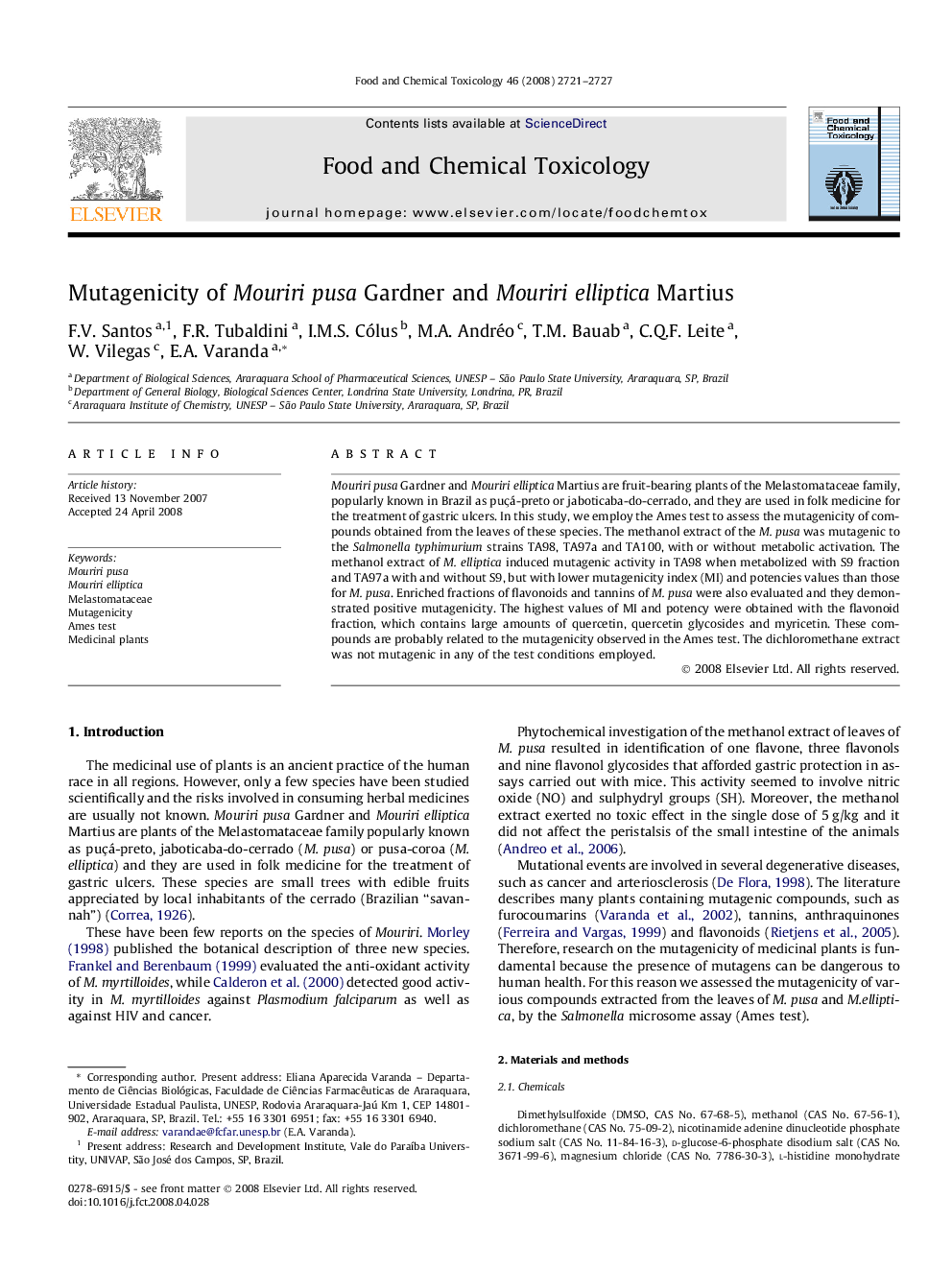 Mutagenicity of Mouriri pusa Gardner and Mouriri elliptica Martius