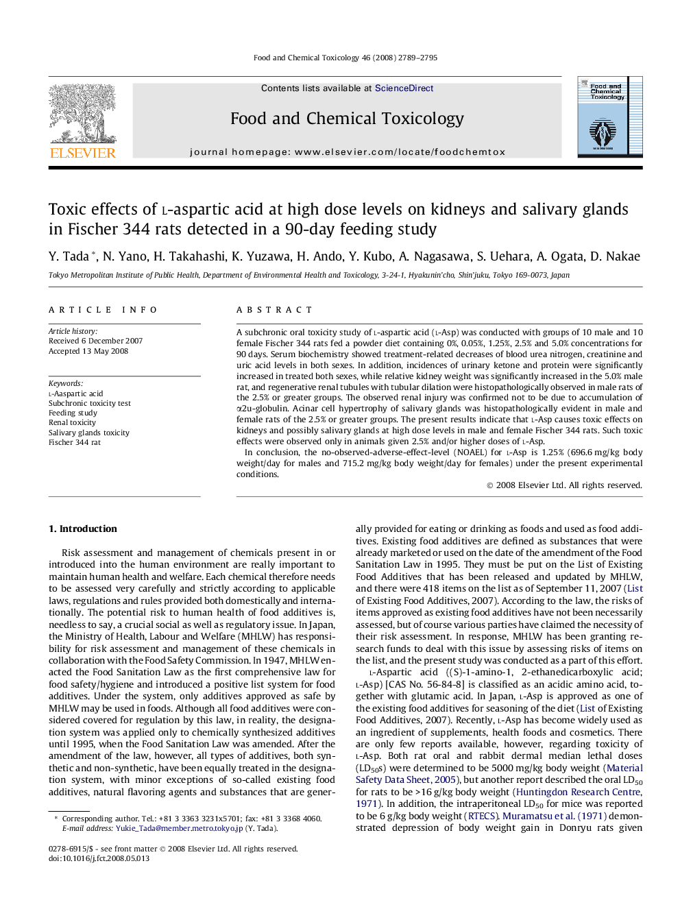 Toxic effects of l-aspartic acid at high dose levels on kidneys and salivary glands in Fischer 344 rats detected in a 90-day feeding study