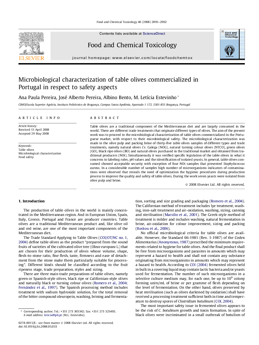 Microbiological characterization of table olives commercialized in Portugal in respect to safety aspects