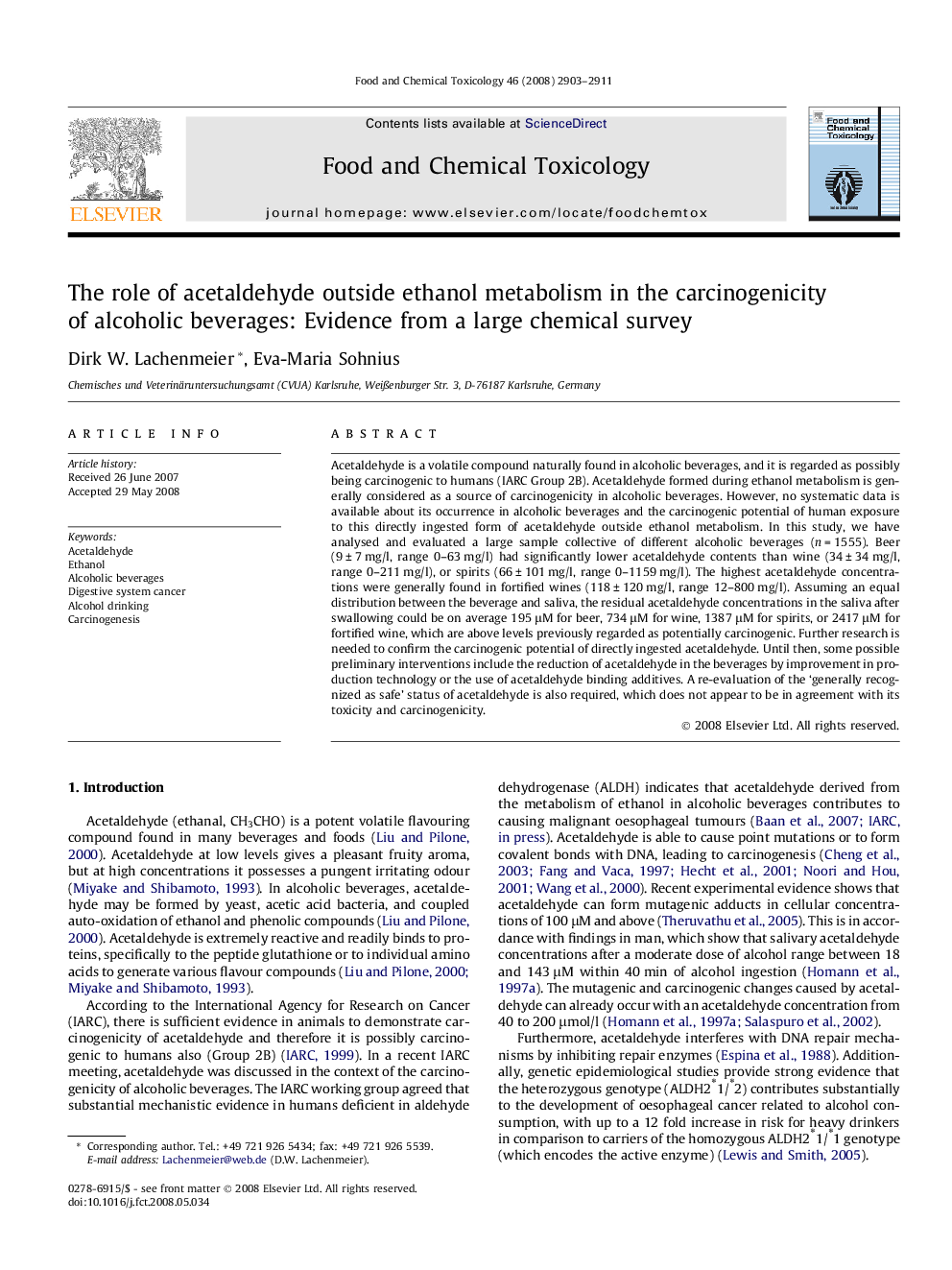 The role of acetaldehyde outside ethanol metabolism in the carcinogenicity of alcoholic beverages: Evidence from a large chemical survey