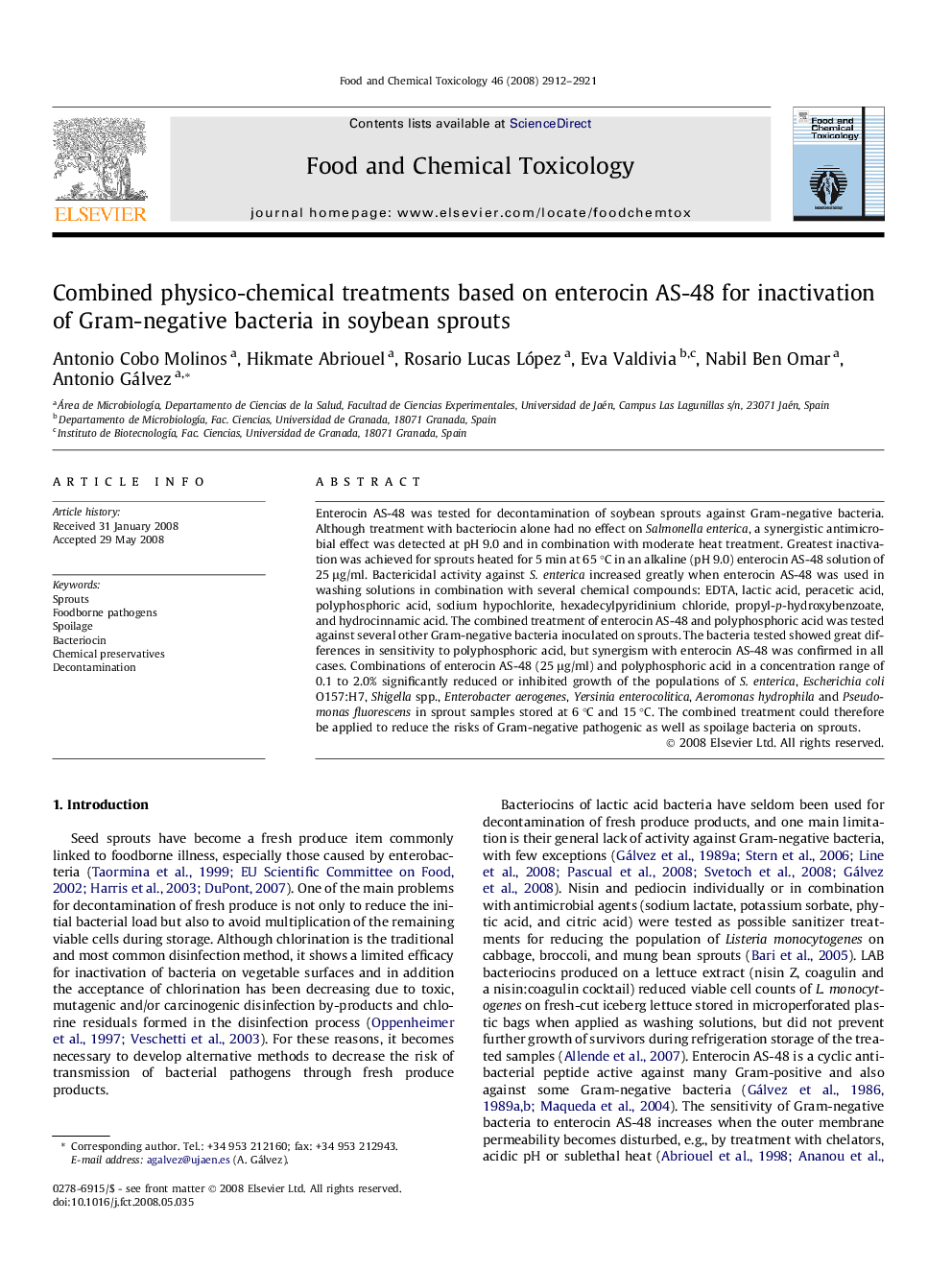 Combined physico-chemical treatments based on enterocin AS-48 for inactivation of Gram-negative bacteria in soybean sprouts