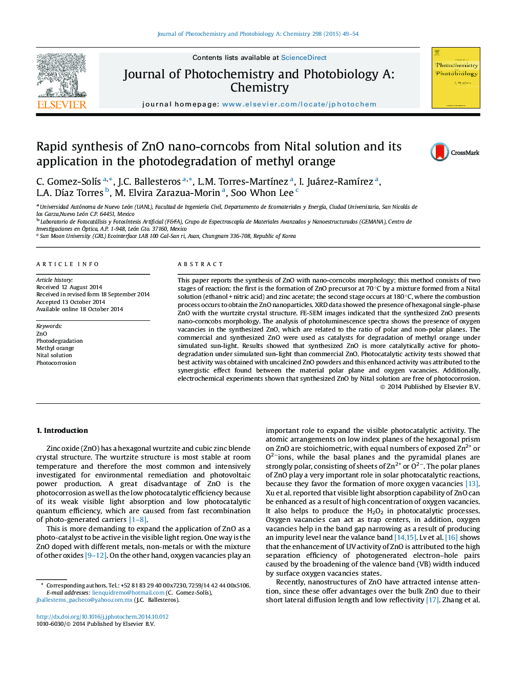 Rapid synthesis of ZnO nano-corncobs from Nital solution and its application in the photodegradation of methyl orange