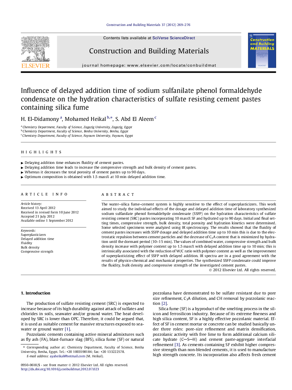 Influence of delayed addition time of sodium sulfanilate phenol formaldehyde condensate on the hydration characteristics of sulfate resisting cement pastes containing silica fume