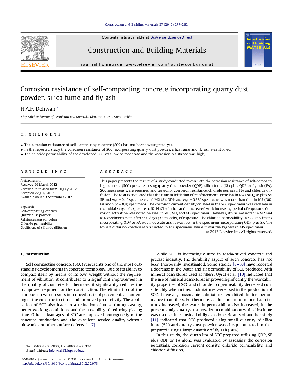 Corrosion resistance of self-compacting concrete incorporating quarry dust powder, silica fume and fly ash