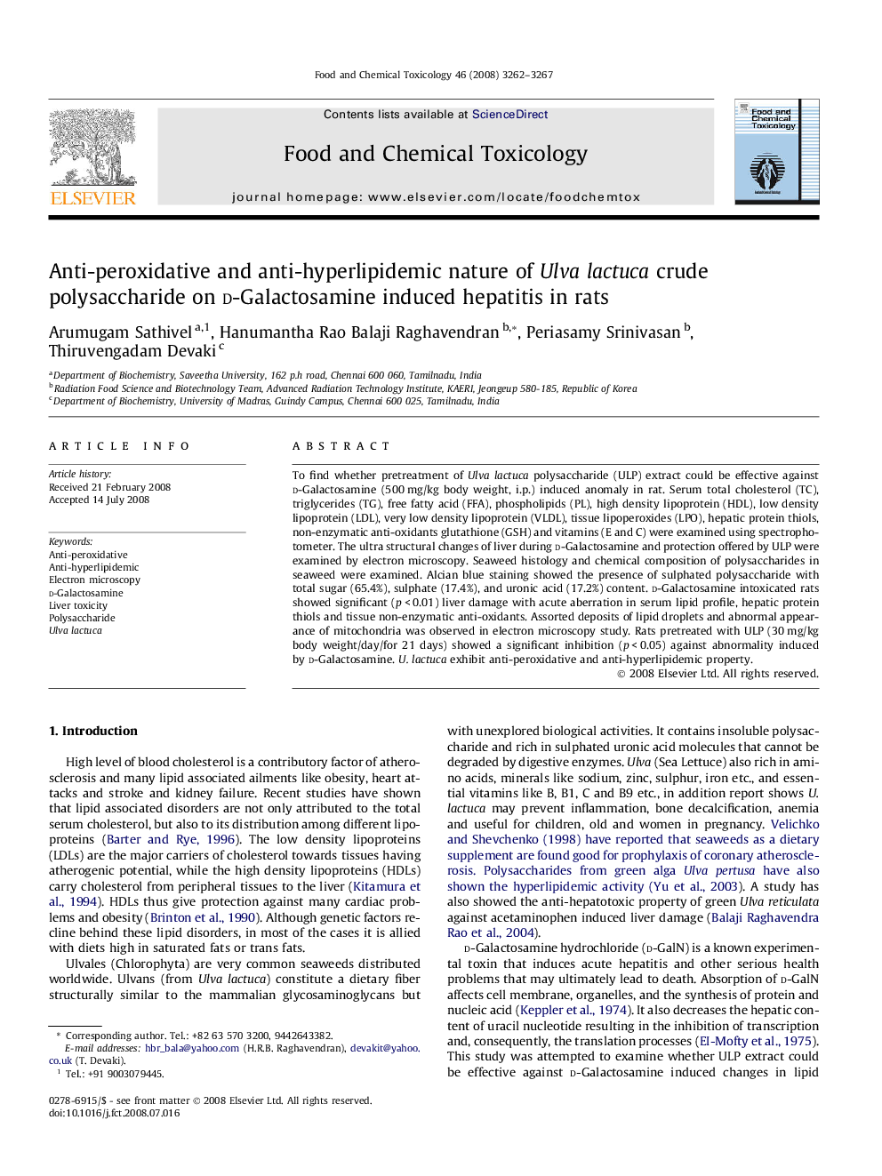 Anti-peroxidative and anti-hyperlipidemic nature of Ulva lactuca crude polysaccharide on d-Galactosamine induced hepatitis in rats