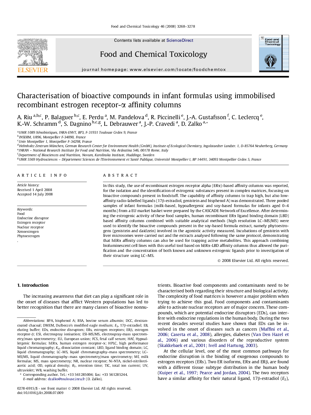 Characterisation of bioactive compounds in infant formulas using immobilised recombinant estrogen receptor-α affinity columns