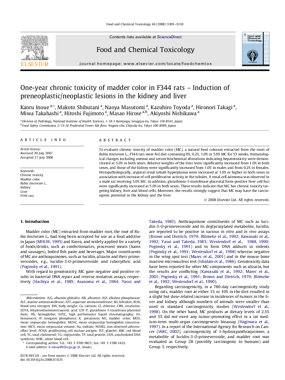 One-year chronic toxicity of madder color in F344 rats – Induction of preneoplastic/neoplastic lesions in the kidney and liver