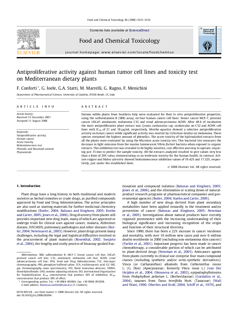 Antiproliferative activity against human tumor cell lines and toxicity test on Mediterranean dietary plants