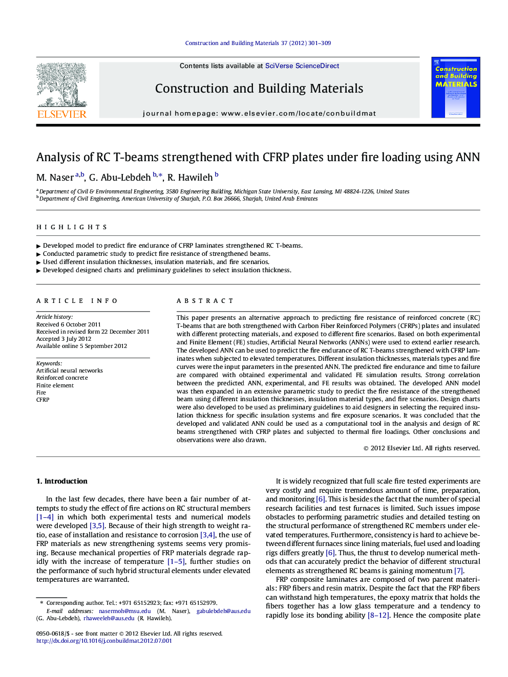 Analysis of RC T-beams strengthened with CFRP plates under fire loading using ANN