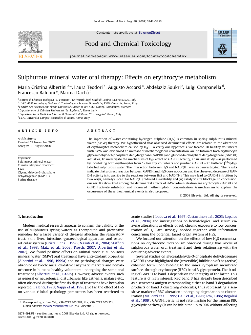 Sulphurous mineral water oral therapy: Effects on erythrocyte metabolism