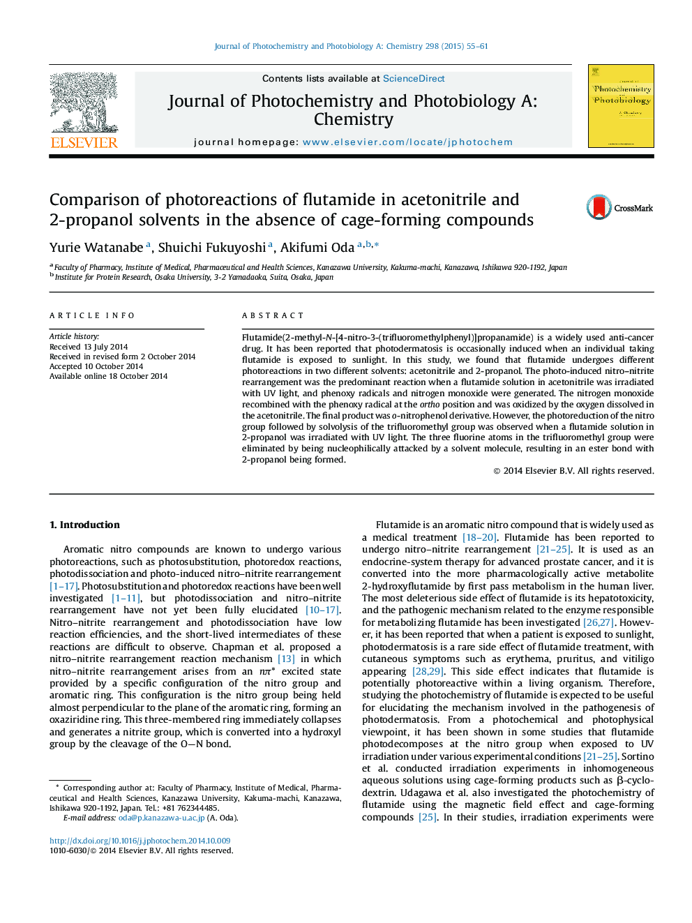 Comparison of photoreactions of flutamide in acetonitrile and 2-propanol solvents in the absence of cage-forming compounds