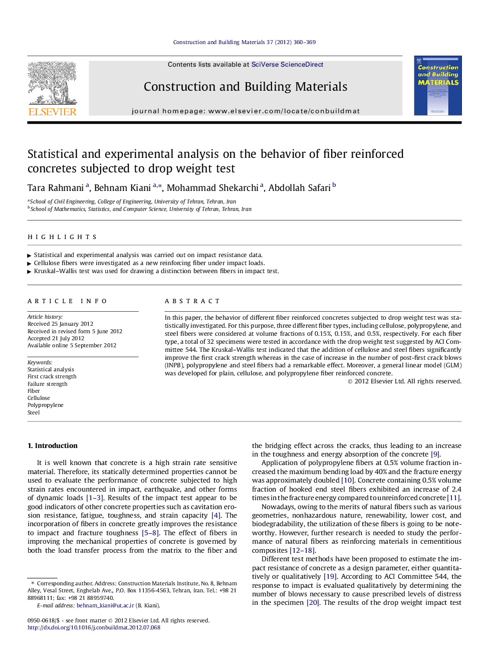 Statistical and experimental analysis on the behavior of fiber reinforced concretes subjected to drop weight test