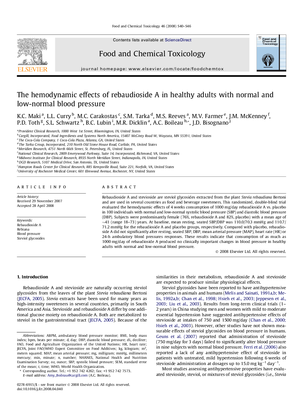 The hemodynamic effects of rebaudioside A in healthy adults with normal and low-normal blood pressure