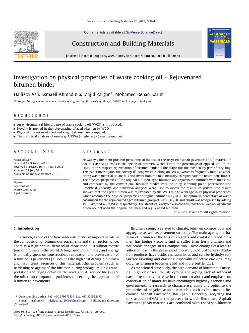 Investigation on physical properties of waste cooking oil – Rejuvenated bitumen binder