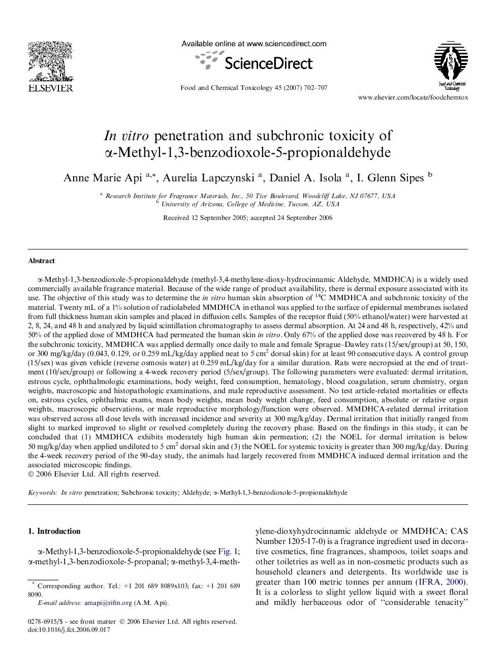 In vitro penetration and subchronic toxicity of α-Methyl-1,3-benzodioxole-5-propionaldehyde