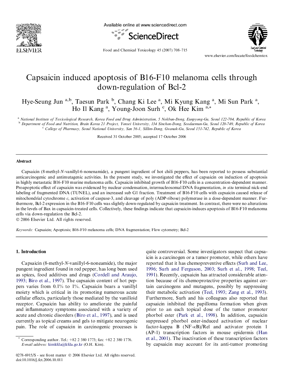 Capsaicin induced apoptosis of B16-F10 melanoma cells through down-regulation of Bcl-2