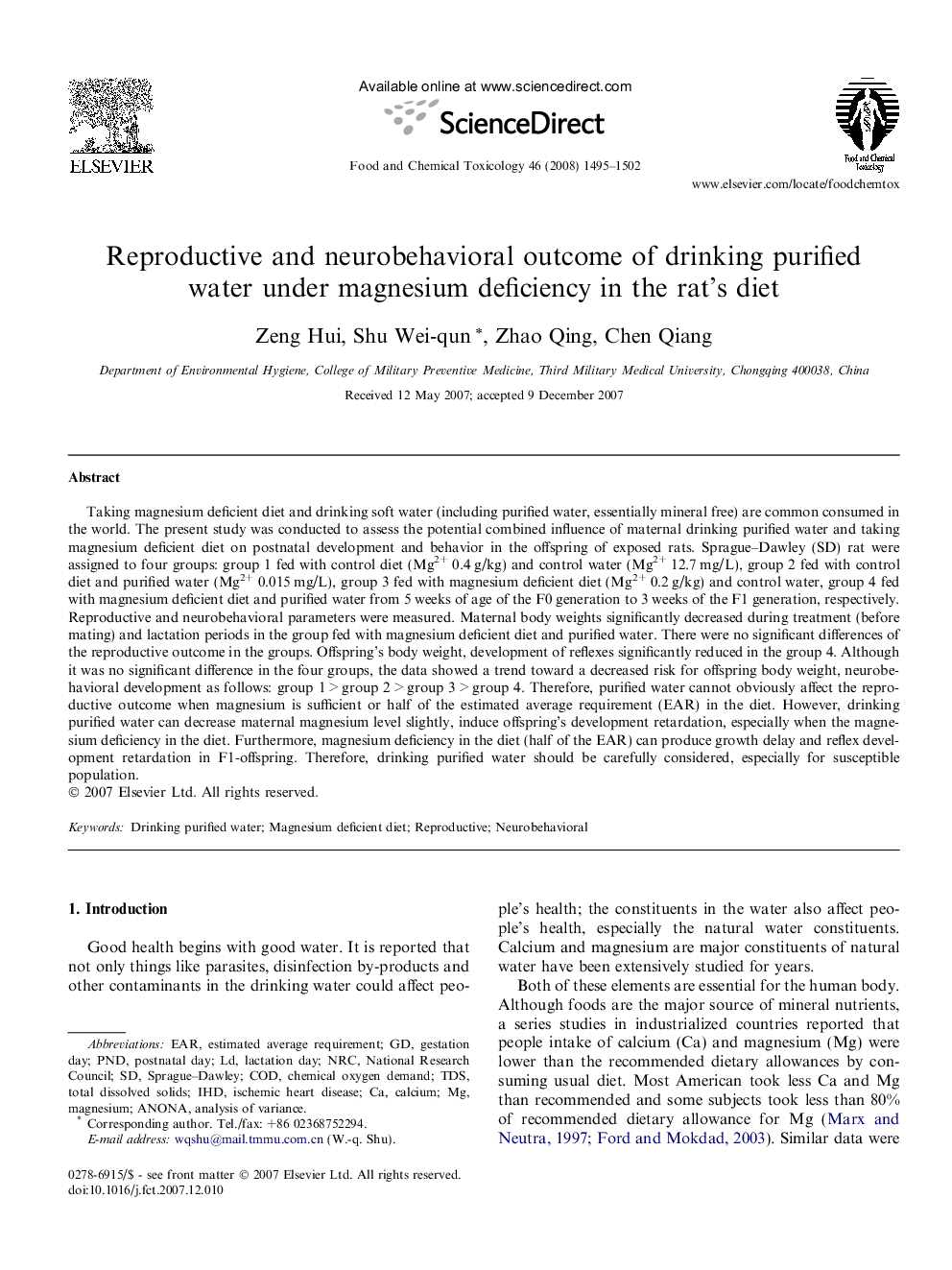 Reproductive and neurobehavioral outcome of drinking purified water under magnesium deficiency in the rat's diet